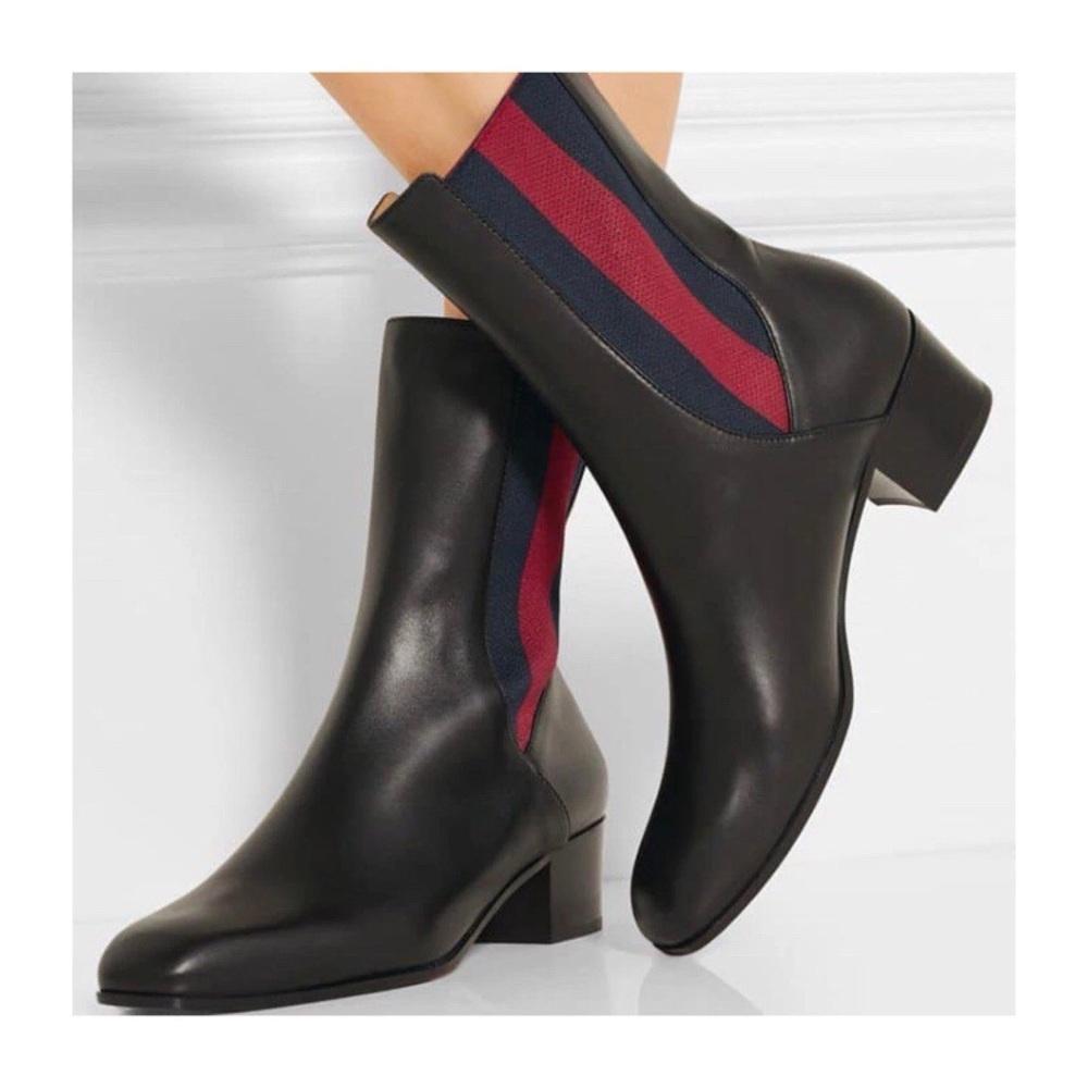 $980 Gucci Karen Web-Accented Black Leather Block Heels Chelsea Ankle Boots 7.5